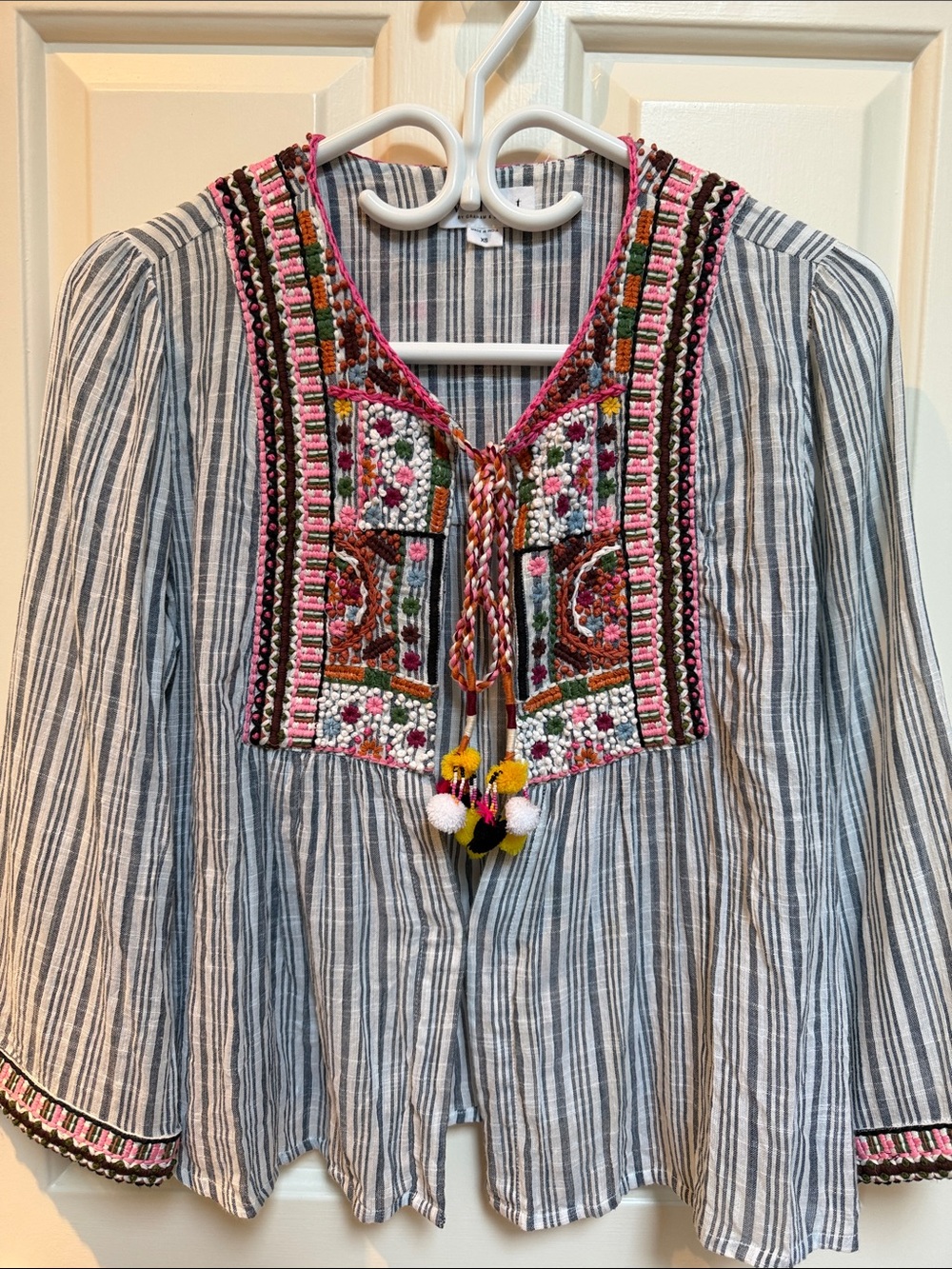 Velvet sz XS Stunning Embroidered Top Jacket w Stripes, PomPoms, beads